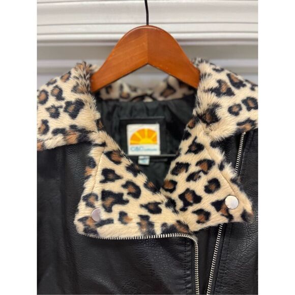 C&C California Leopard Fur Trimmed Faux Leather Motorcycle Jacket sz S EUC Mob W - Picture 4 of 9